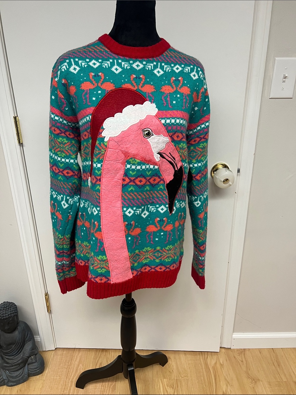 Women's Green Holiday Flamingo Crewneck Sweater